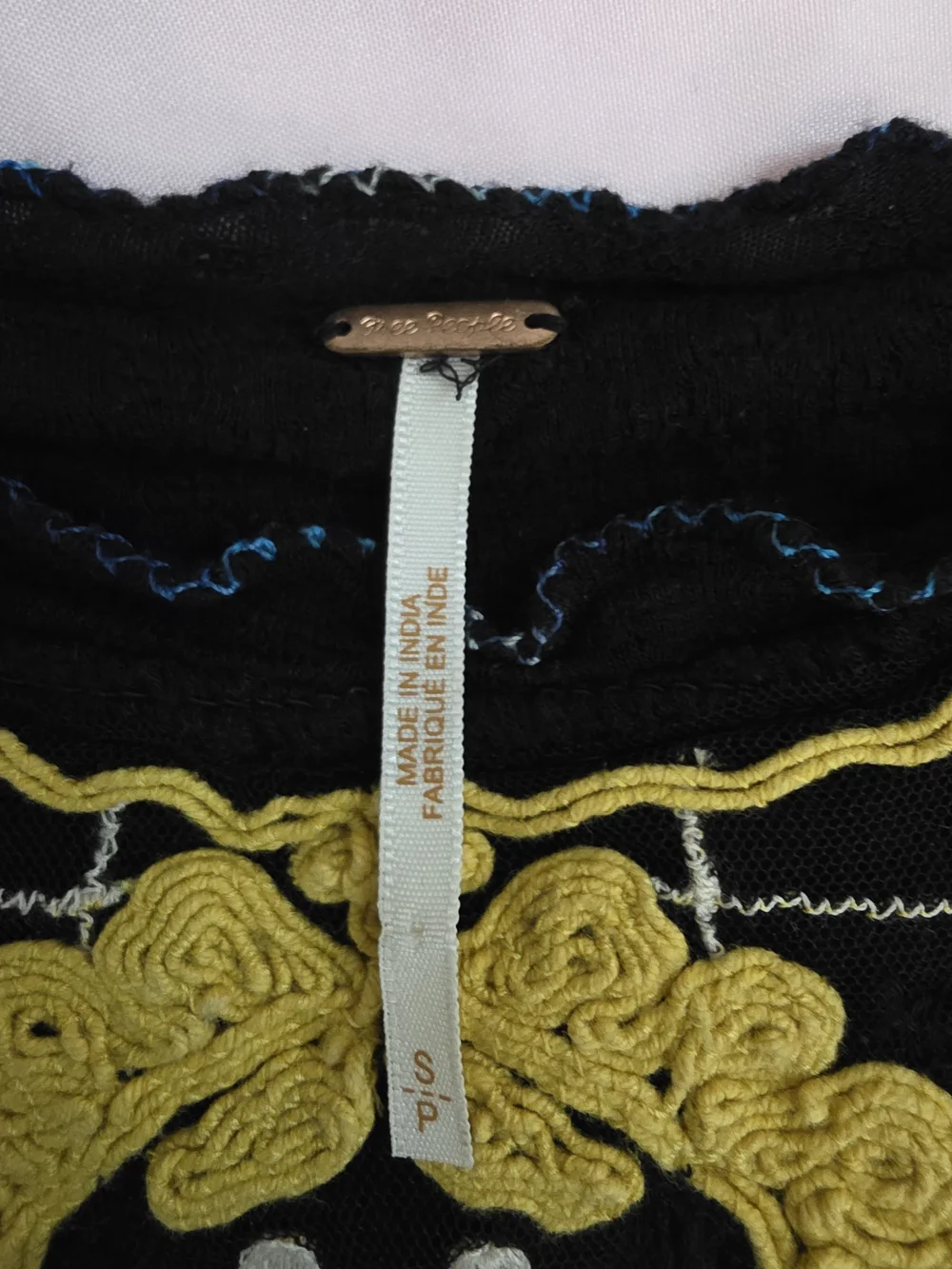 Free People Black Tunic with Yellow Embroidered Yoke
